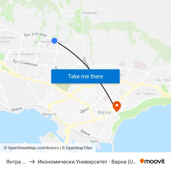 Янтра / Yantra to Икономически Университет - Варна (University of Economics - Varna) map