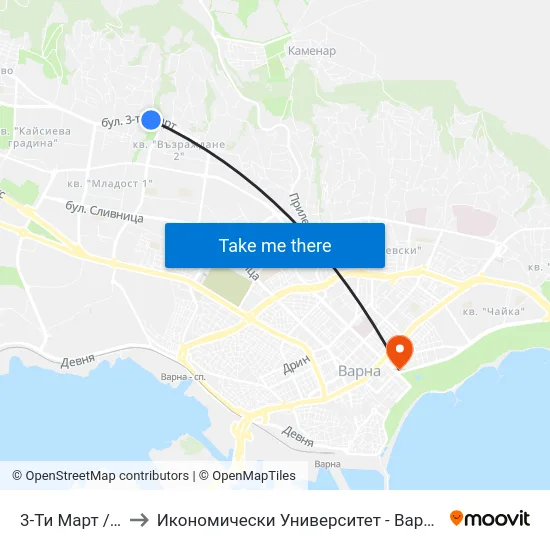 3-Ти Март / 3rd Of March to Икономически Университет - Варна (University of Economics - Varna) map