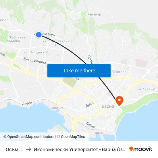 Осъм / Osam to Икономически Университет - Варна (University of Economics - Varna) map