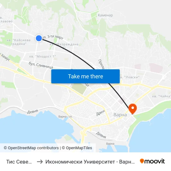 Тис Север / Tis North to Икономически Университет - Варна (University of Economics - Varna) map
