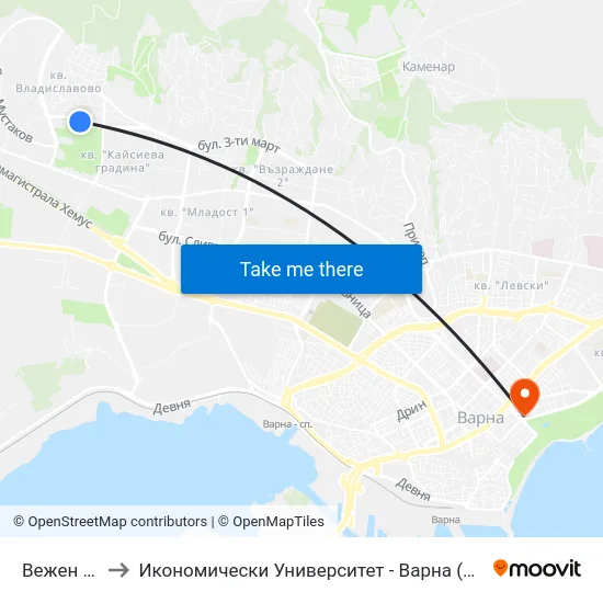 Вежен / Vezhen to Икономически Университет - Варна (University of Economics - Varna) map