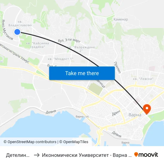 Детелина / Detelina to Икономически Университет - Варна (University of Economics - Varna) map