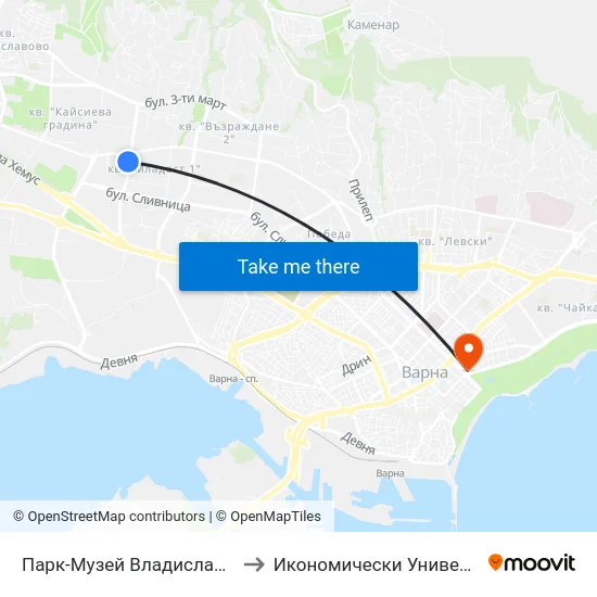 Парк-Музей Владислав Варненчик / Vladislav Varnenchik Park-Museum to Икономически Университет - Варна (University of Economics - Varna) map