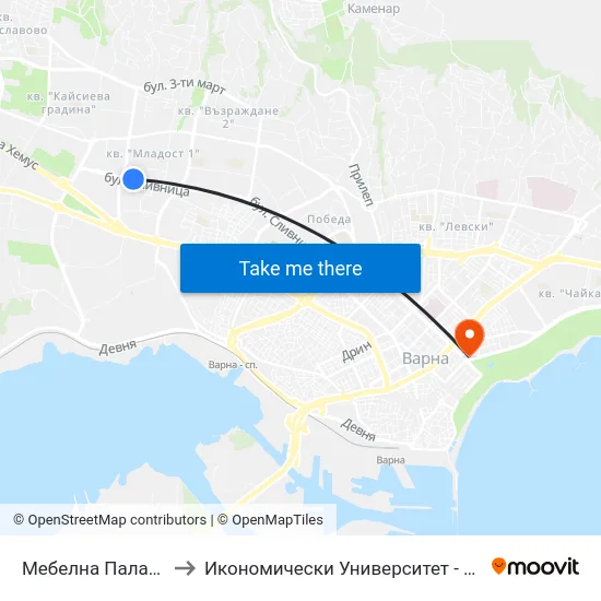 Мебелна Палата / Furniture Pavilion to Икономически Университет - Варна (University of Economics - Varna) map