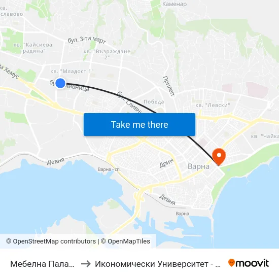 Мебелна Палата / Furniture Pavilion to Икономически Университет - Варна (University of Economics - Varna) map