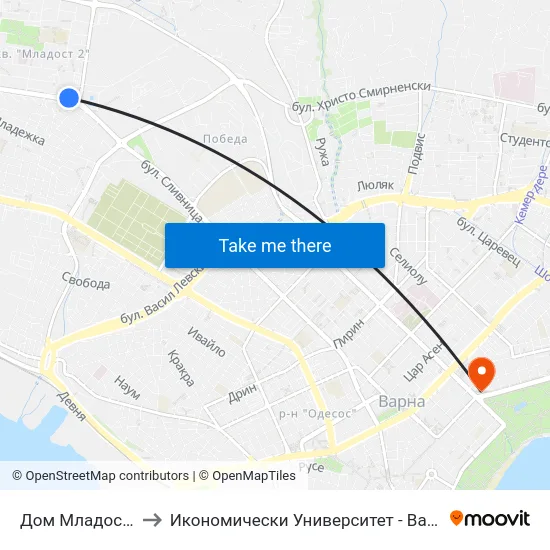 Дом Младост / Dom Mladost to Икономически Университет - Варна (University of Economics - Varna) map