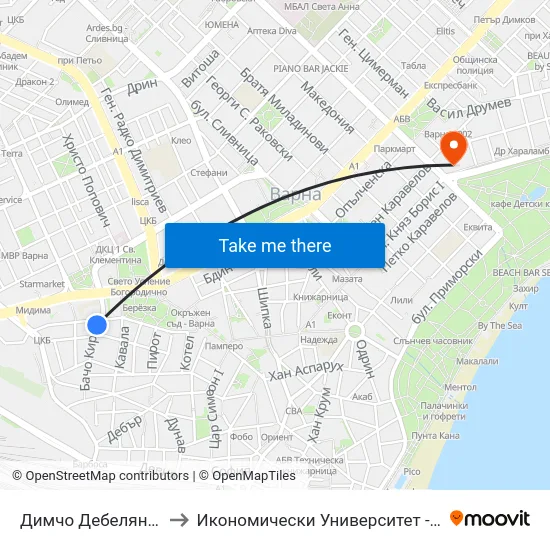 Димчо Дебелянов / Dimcho Debelyanov to Икономически Университет - Варна (University of Economics - Varna) map