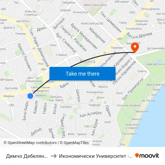 Димчо Дебелянов / Dimcho Debelyanov to Икономически Университет - Варна (University of Economics - Varna) map
