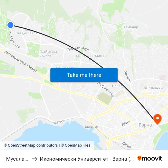 Мусала / Musala to Икономически Университет - Варна (University of Economics - Varna) map