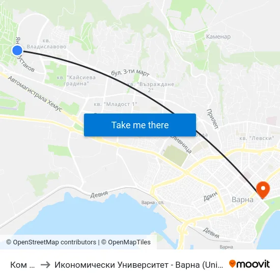 Ком / Com to Икономически Университет - Варна (University of Economics - Varna) map