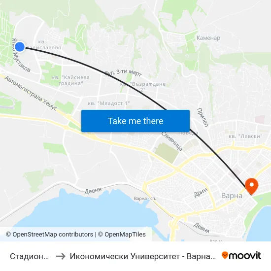 Стадиона / Stadium to Икономически Университет - Варна (University of Economics - Varna) map