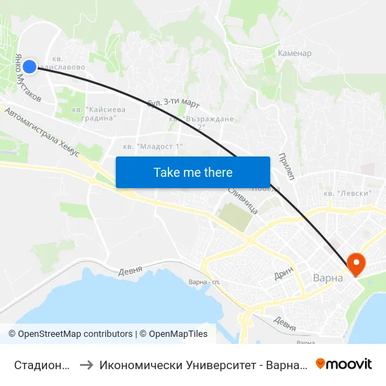 Стадиона / Stadium to Икономически Университет - Варна (University of Economics - Varna) map