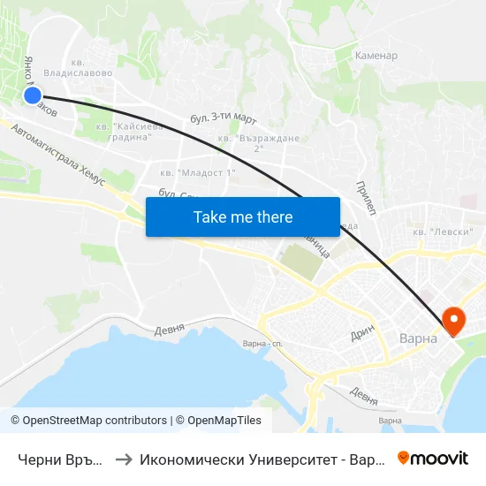 Черни Връх / Cherni Vrah to Икономически Университет - Варна (University of Economics - Varna) map