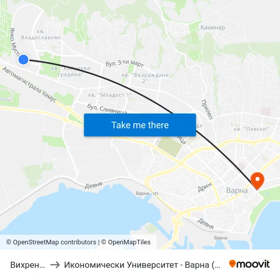Вихрен / Vihren to Икономически Университет - Варна (University of Economics - Varna) map