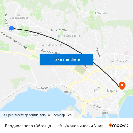 Владиславово (Обръщач 118 Газстанция) / Vladislavovo (Tumbler 118 Gas Station) to Икономически Университет - Варна (University of Economics - Varna) map