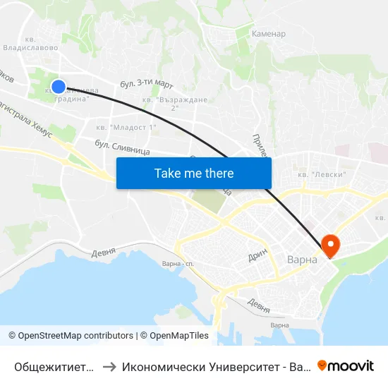 Общежитието / Obshtezhitieto to Икономически Университет - Варна (University of Economics - Varna) map