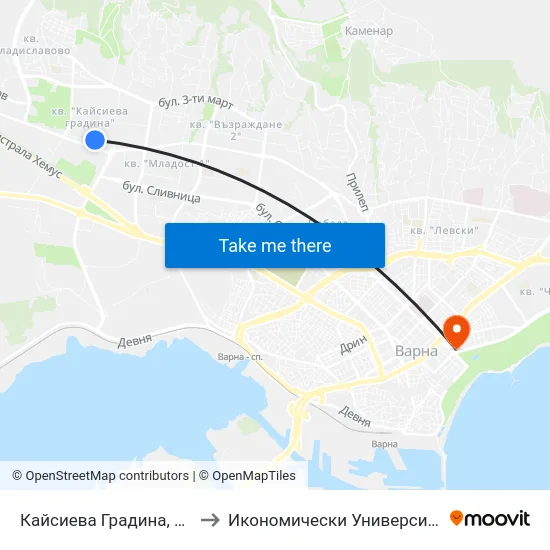 Кайсиева Градина, Бл. 222 / Kaysieva Gradina Qr, Bl. 222 to Икономически Университет - Варна (University of Economics - Varna) map