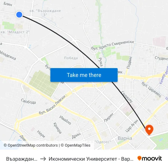 Възраждане / Vazrajdane to Икономически Университет - Варна (University of Economics - Varna) map