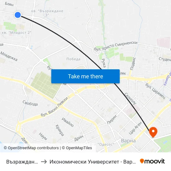 Възраждане / Vazrajdane to Икономически Университет - Варна (University of Economics - Varna) map