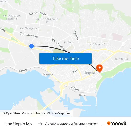 Нпк Черно Море / Npk Cherno More to Икономически Университет - Варна (University of Economics - Varna) map