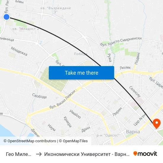 Гео Милев / Geo Milev to Икономически Университет - Варна (University of Economics - Varna) map