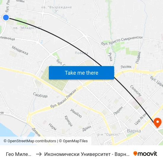 Гео Милев / Geo Milev to Икономически Университет - Варна (University of Economics - Varna) map