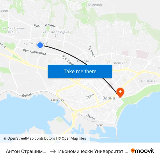 Антон Страшимиров / Anton Strashimirov to Икономически Университет - Варна (University of Economics - Varna) map