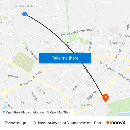 Газостанция / Gas Station to Икономически Университет - Варна (University of Economics - Varna) map