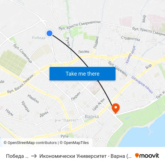 Победа / Pobeda to Икономически Университет - Варна (University of Economics - Varna) map