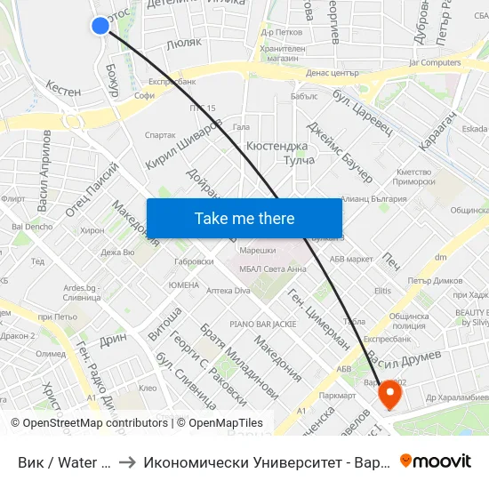 Вик / Water And Sanitation to Икономически Университет - Варна (University of Economics - Varna) map