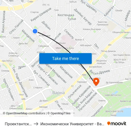 Проектантска / Proektantska to Икономически Университет - Варна (University of Economics - Varna) map