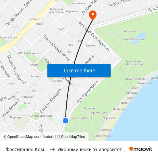 Фестивален Комплекс / Festival Complex to Икономически Университет - Варна (University of Economics - Varna) map