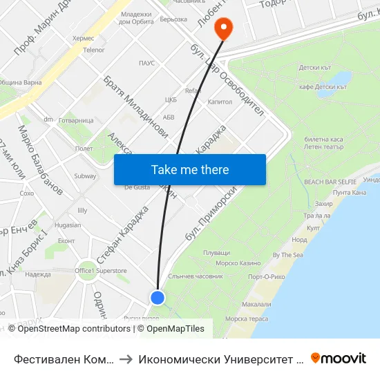 Фестивален Комплекс / Festival Complex to Икономически Университет - Варна (University of Economics - Varna) map