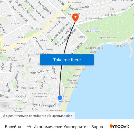 Басейна / Baseyna to Икономически Университет - Варна (University of Economics - Varna) map