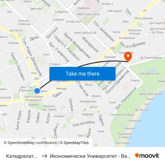 Катедралата / the Cathedral to Икономически Университет - Варна (University of Economics - Varna) map