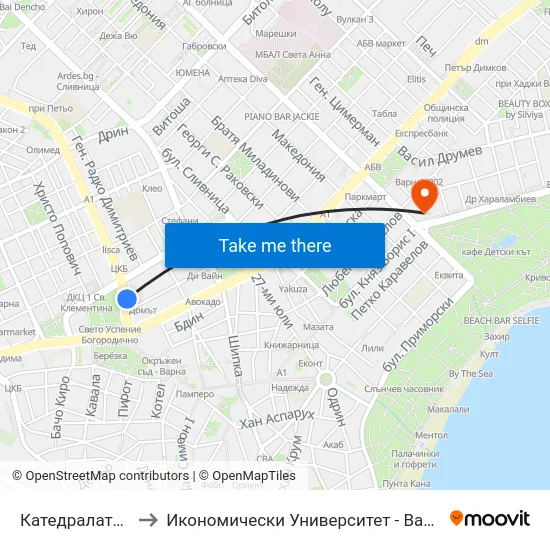 Катедралата / the Cathedral to Икономически Университет - Варна (University of Economics - Varna) map