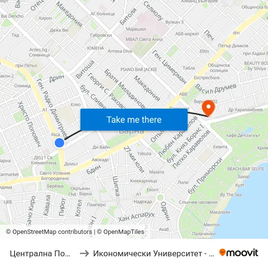 Централна Поща / Central Post Office to Икономически Университет - Варна (University of Economics - Varna) map