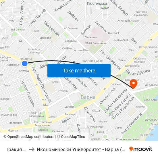 Тракия / Trakiya to Икономически Университет - Варна (University of Economics - Varna) map