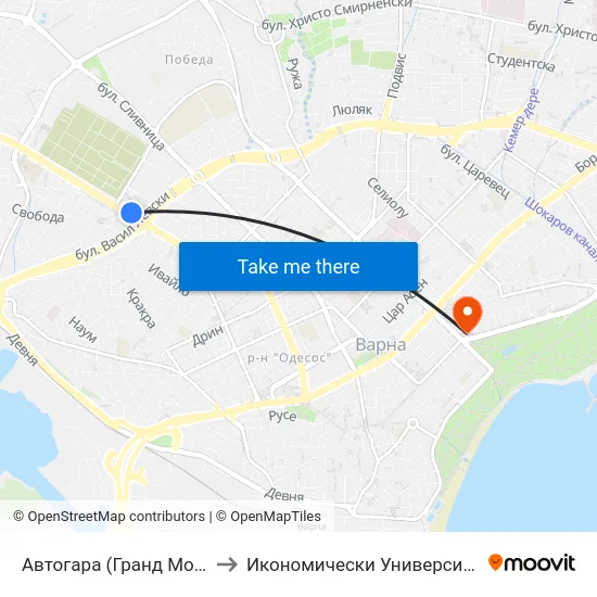 Автогара (Гранд Мол) / Central Bus Station (Grand Mall) to Икономически Университет - Варна (University of Economics - Varna) map