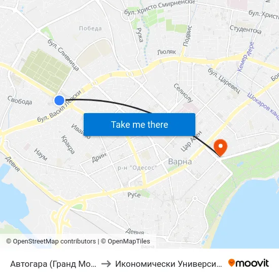 Автогара (Гранд Мол) / Central Bus Station (Grand Mall) to Икономически Университет - Варна (University of Economics - Varna) map