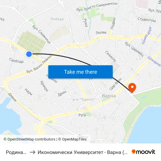 Родина / Rodina to Икономически Университет - Варна (University of Economics - Varna) map