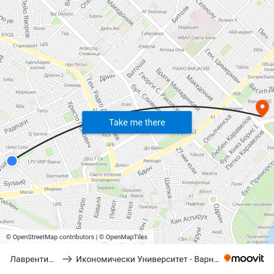 Лаврентий / Laurentius to Икономически Университет - Варна (University of Economics - Varna) map