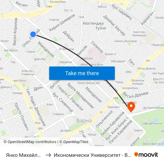 Янко Михайлов / Yanko Mihaylov to Икономически Университет - Варна (University of Economics - Varna) map