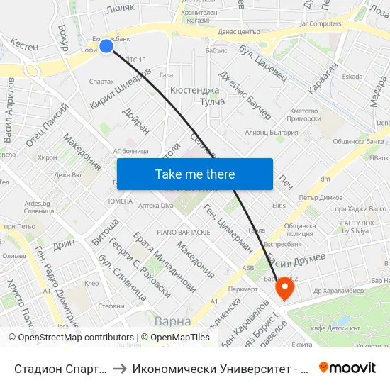 Стадион Спартак / Spartak Stadium to Икономически Университет - Варна (University of Economics - Varna) map