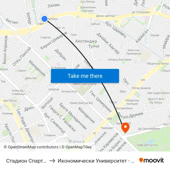 Стадион Спартак / Spartak Stadium to Икономически Университет - Варна (University of Economics - Varna) map