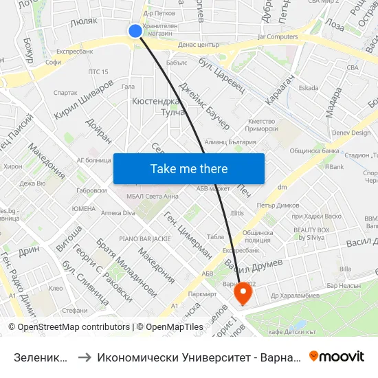 Зеленика / Zelenika to Икономически Университет - Варна (University of Economics - Varna) map