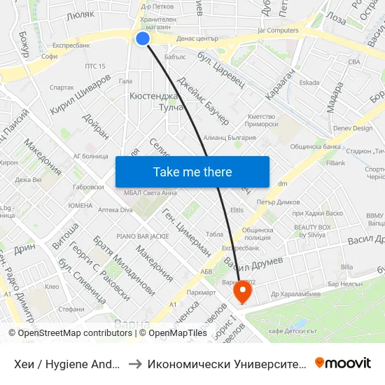 Хеи / Hygiene And Epidemiological Inspectorate to Икономически Университет - Варна (University of Economics - Varna) map