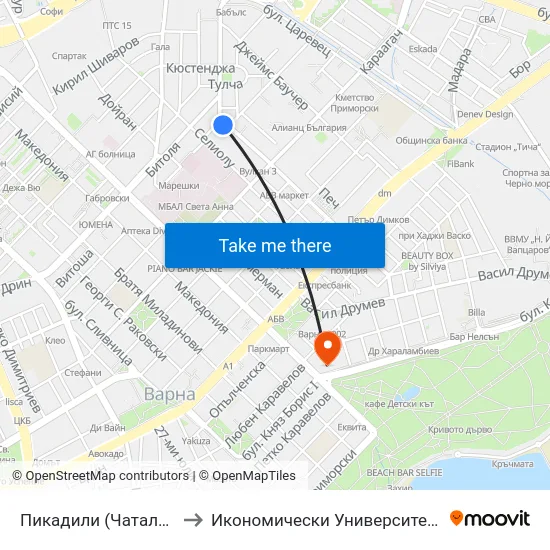 Пикадили (Чаталджа) / Piccadilly (Chataldzha) to Икономически Университет - Варна (University of Economics - Varna) map