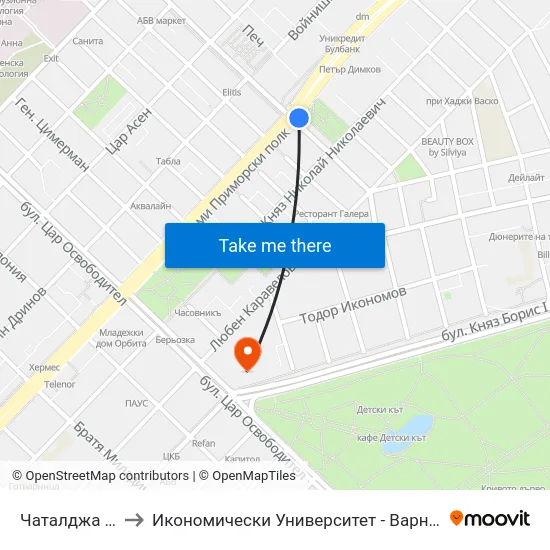 Чаталджа / Chataldzha to Икономически Университет - Варна (University of Economics - Varna) map