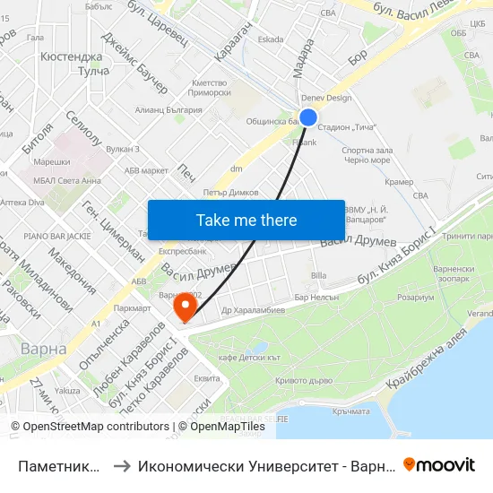 Паметника / Pametnika to Икономически Университет - Варна (University of Economics - Varna) map